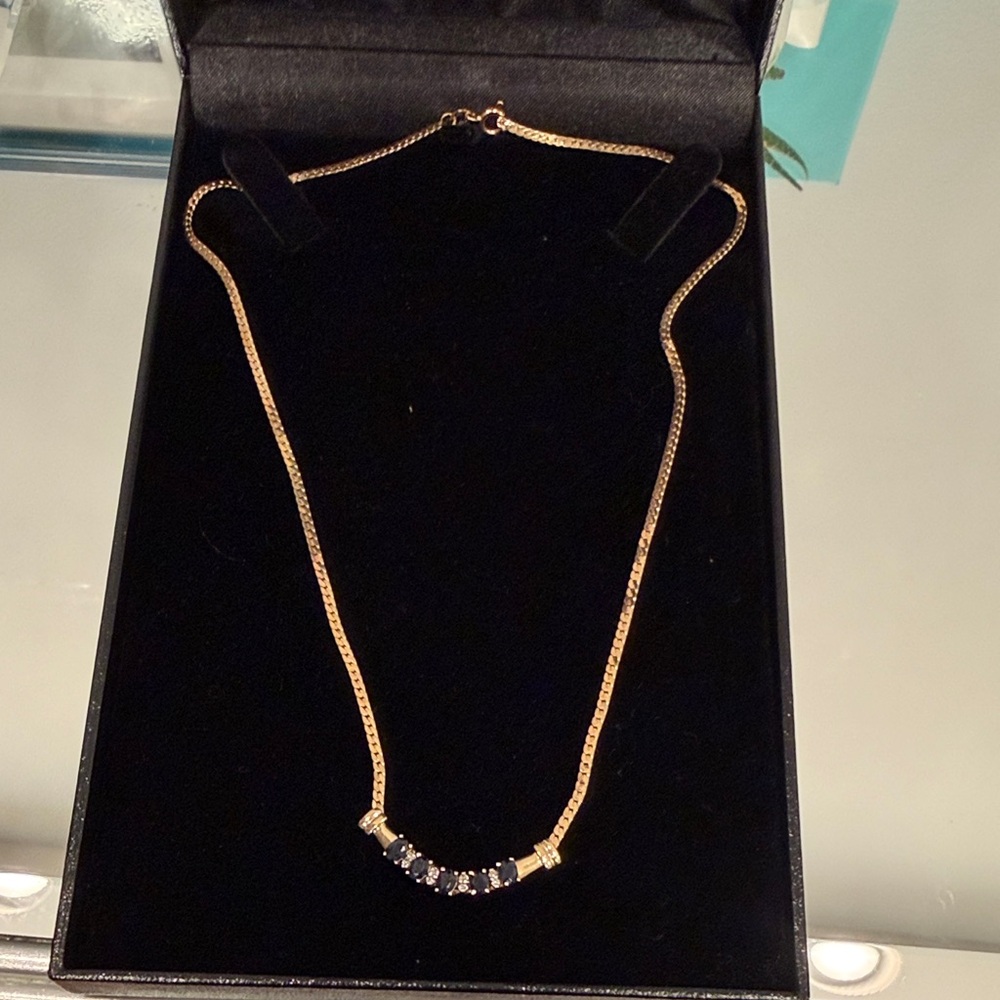 Solid 14k Gold Necklace with Natural Sapphire and round Diamonds . 17”